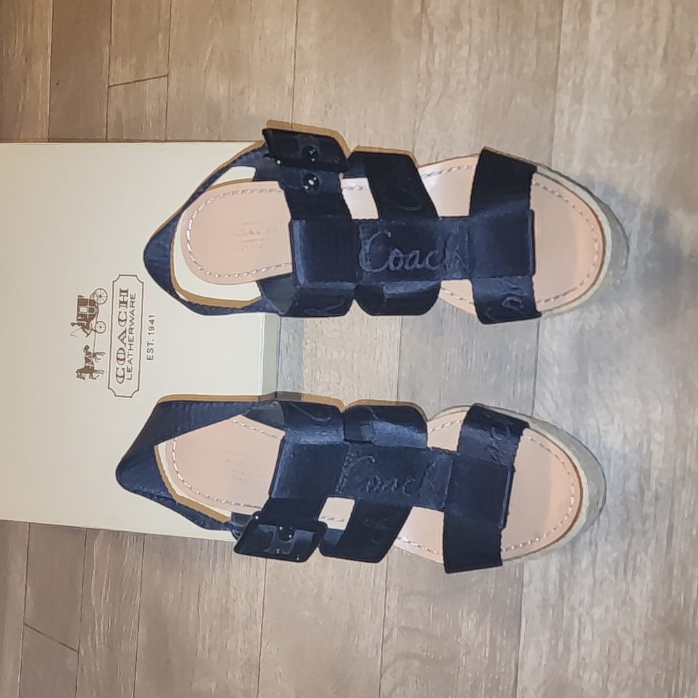 Coach Black Wedge Sandals with Tan Accents - Picture 2 of 10